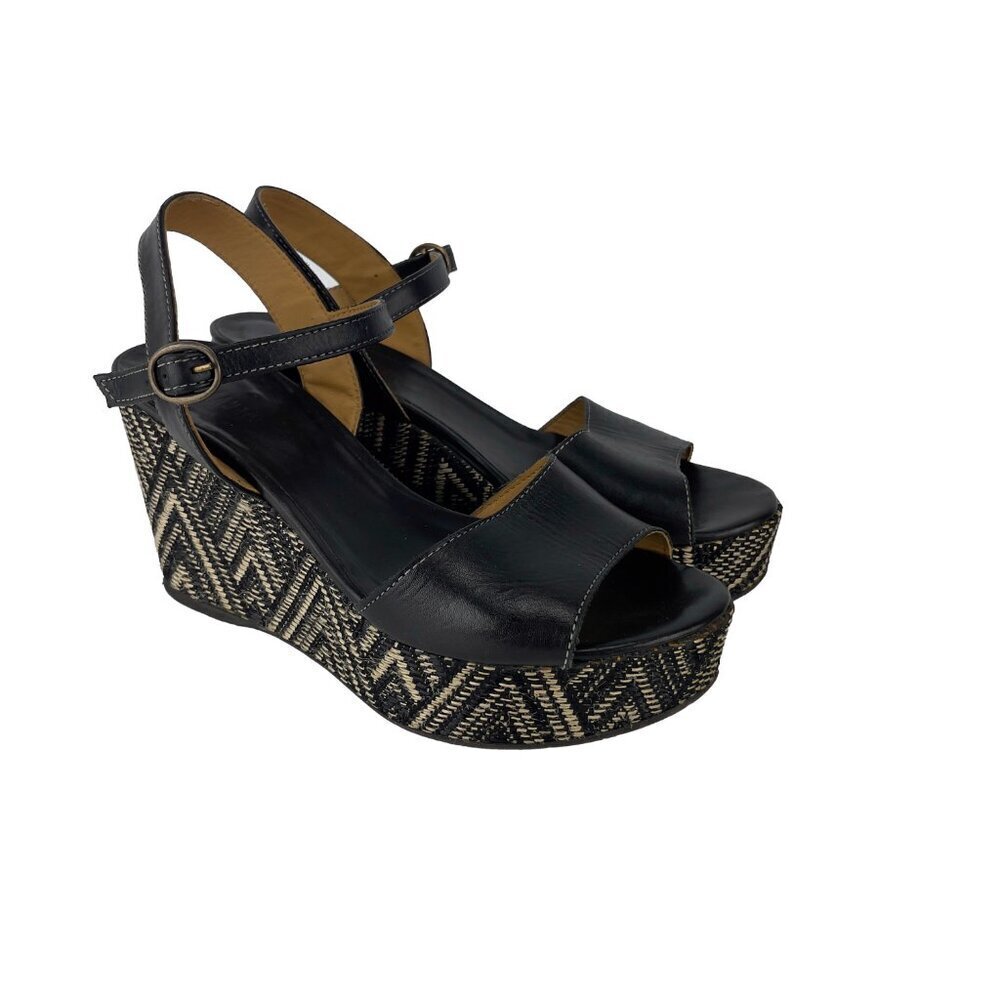 LA CANADIENNE Southwestern Woven Wedges Ankle Strap Leather Black Sandals sz 37